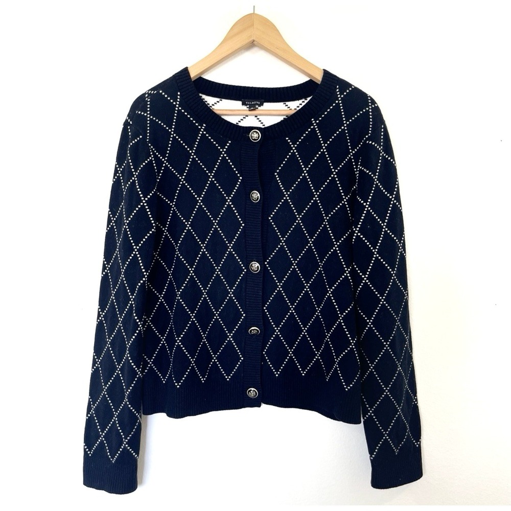 Talbots Gold Buttons Bias Plaid Cardigan Sweater Size M Black Money Luxe Office